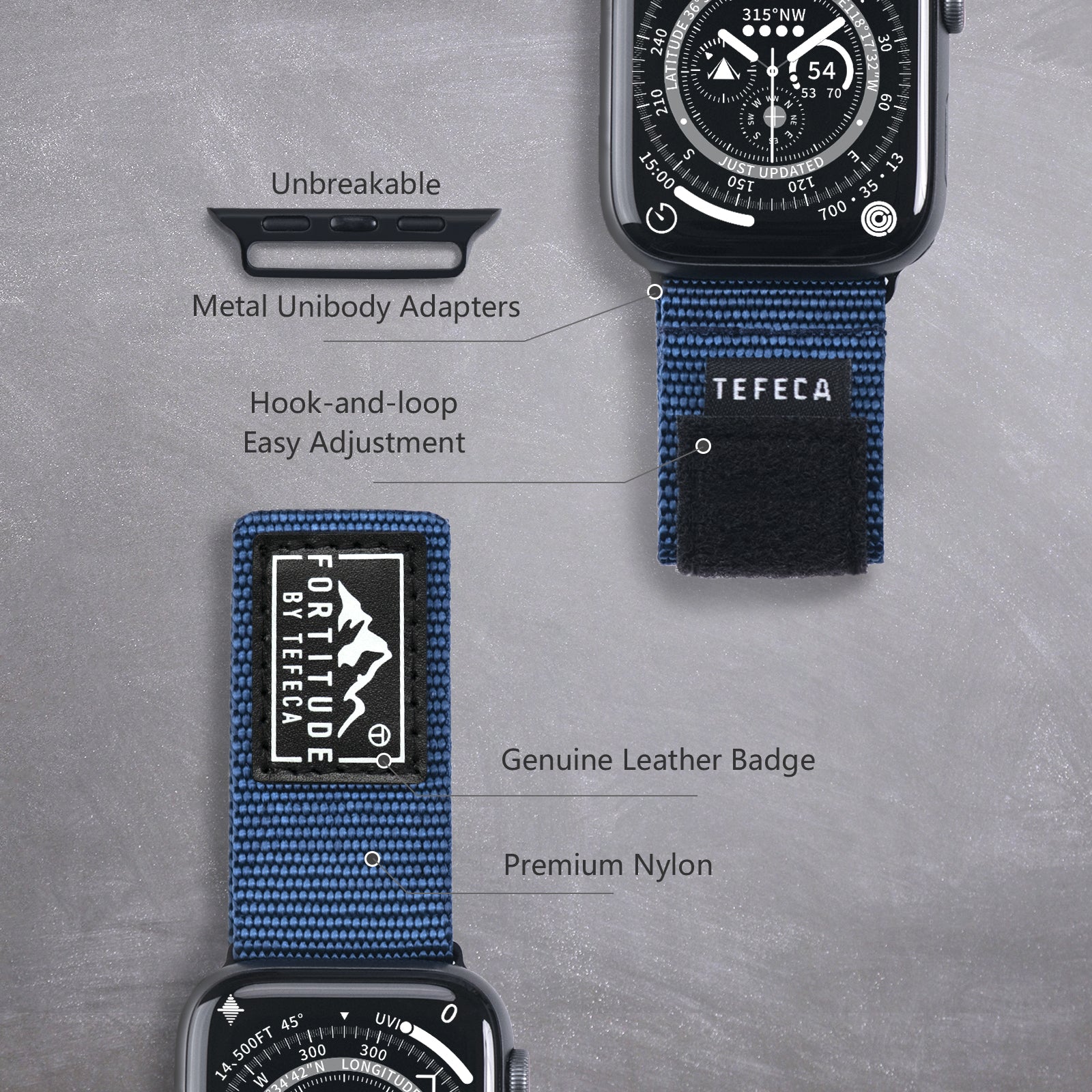 Tefeca Fortitude Series Standard Wide Hook and Loop Band for Apple Watch/Apple Watch Ultra | Nylon Blue