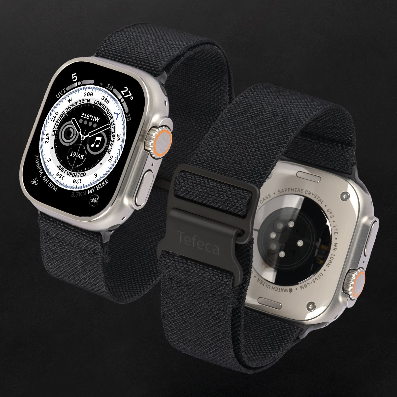Tefeca Hook Buckle Elastic Band For Apple Watch /Apple Watch Ultra | Black - Black | 42/44/45mm